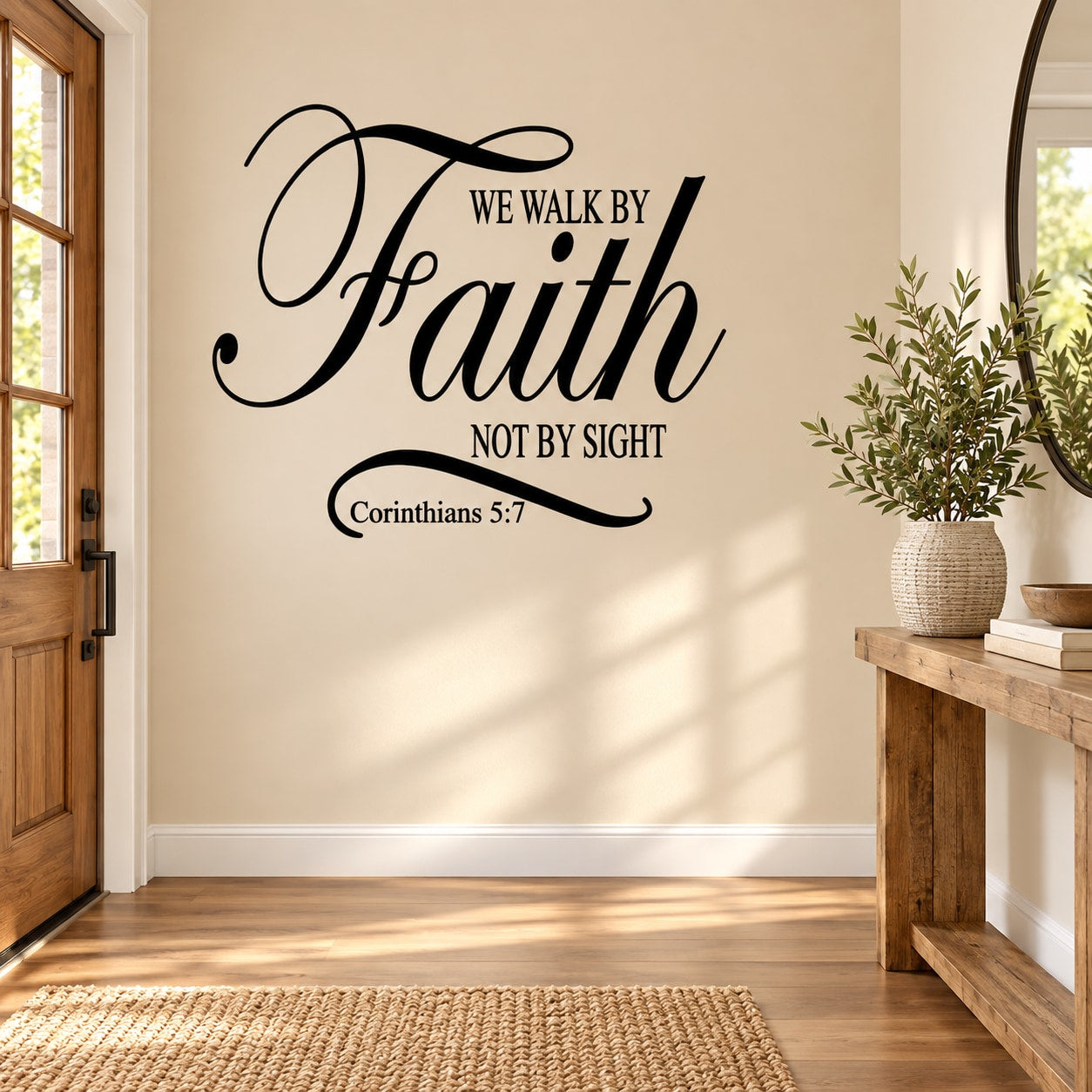 Black wall decal text: "We Walk By Faith not by Sight", Corinthians 5:7