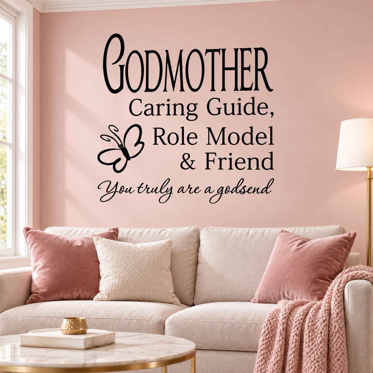 Wall decal with Godmother quote and butterfly: 'Caring Guide, Role Model & Friend'.