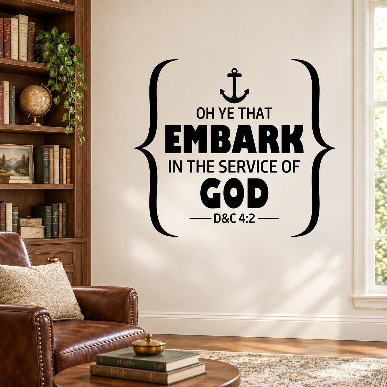 Black scripture wall decal reading “OH YE THAT EMBARK…” with anchor; D&C 4:2