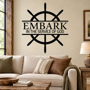 Religious wall decal with compass icon and "EMBARK IN THE SERVICE OF GOD" text