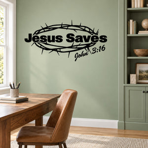 Black crown wall decal with “Jesus Saves” and “John 3:16” text