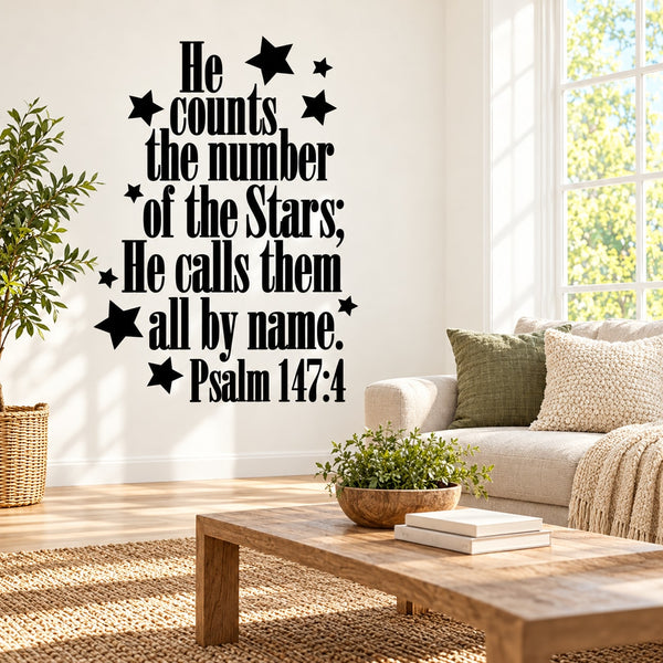 Black wall decal with star icons and Psalm 147:4 lettering