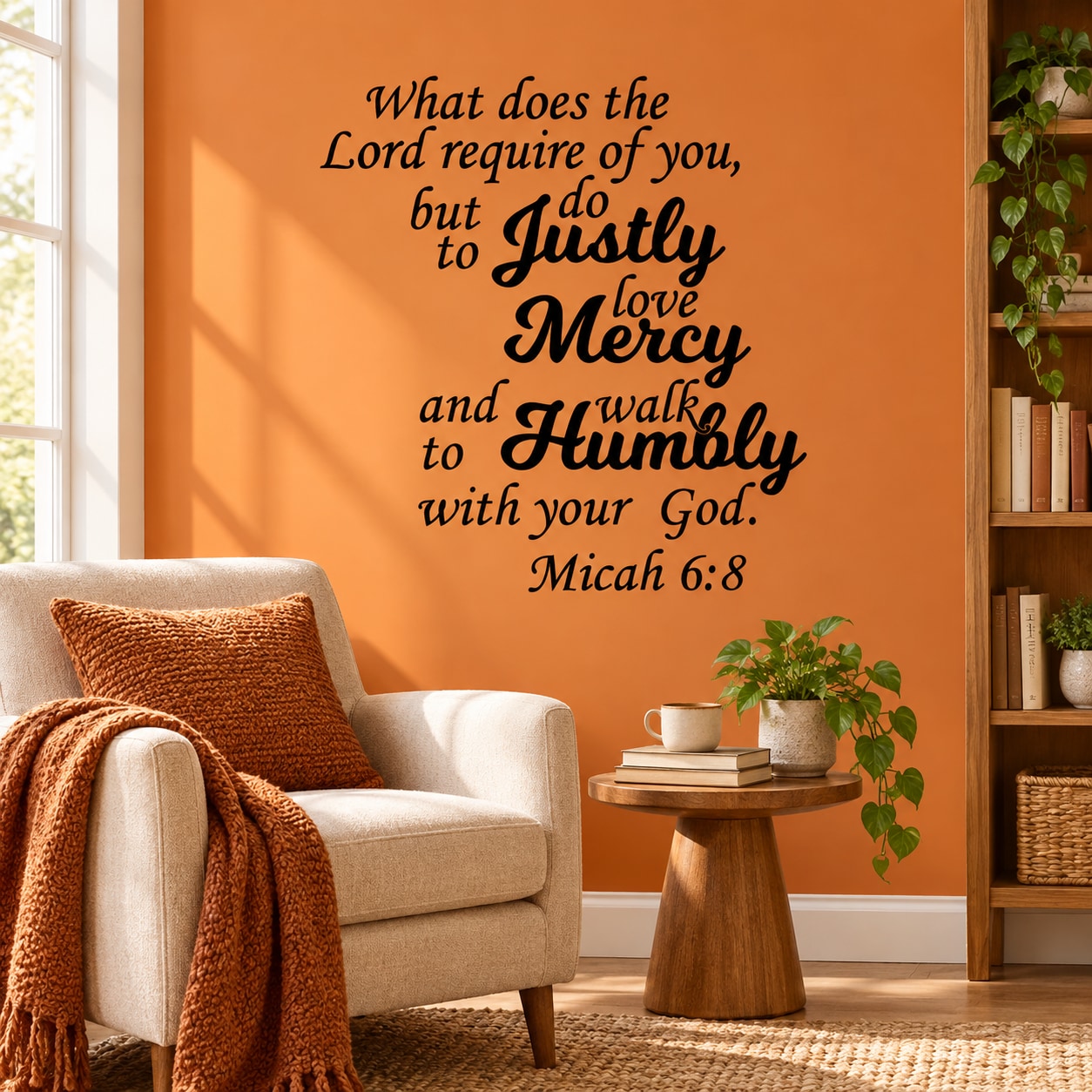 Micah 6:8 wall decal with text: Justly, Love Mercy, Walk Humbly with your God