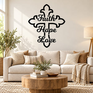 Faith Hope Love cross wall decal in black with ornate lettering