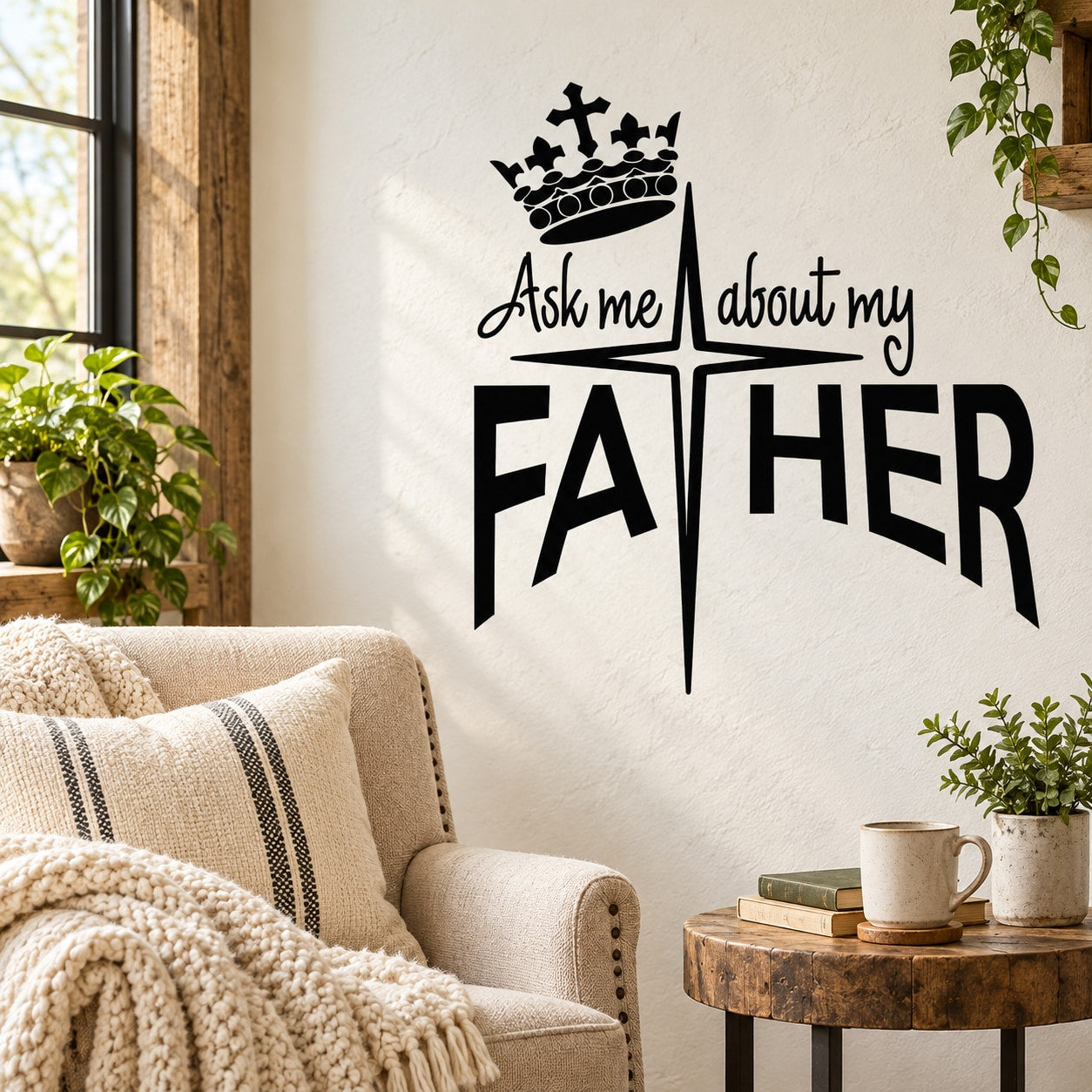 Black wall decal: crown cross with "Ask me about my Father" text