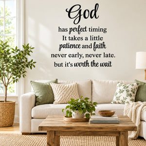 God has perfect timing wall decal with script and quote lettering