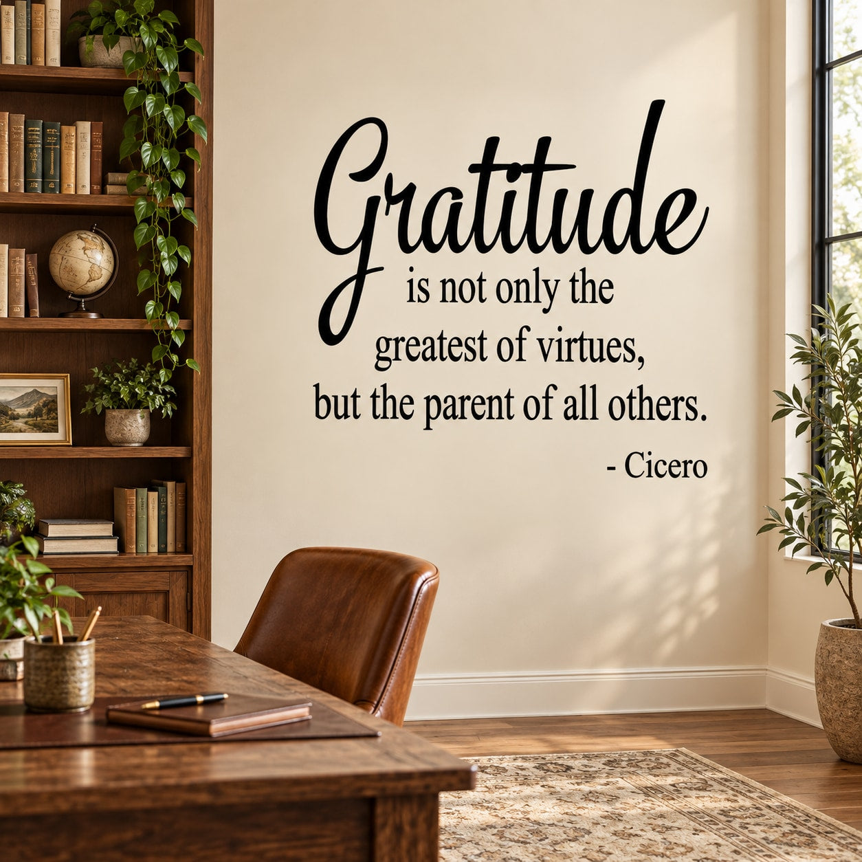 Gratitude quote wall decal with Cicero text, black script lettering