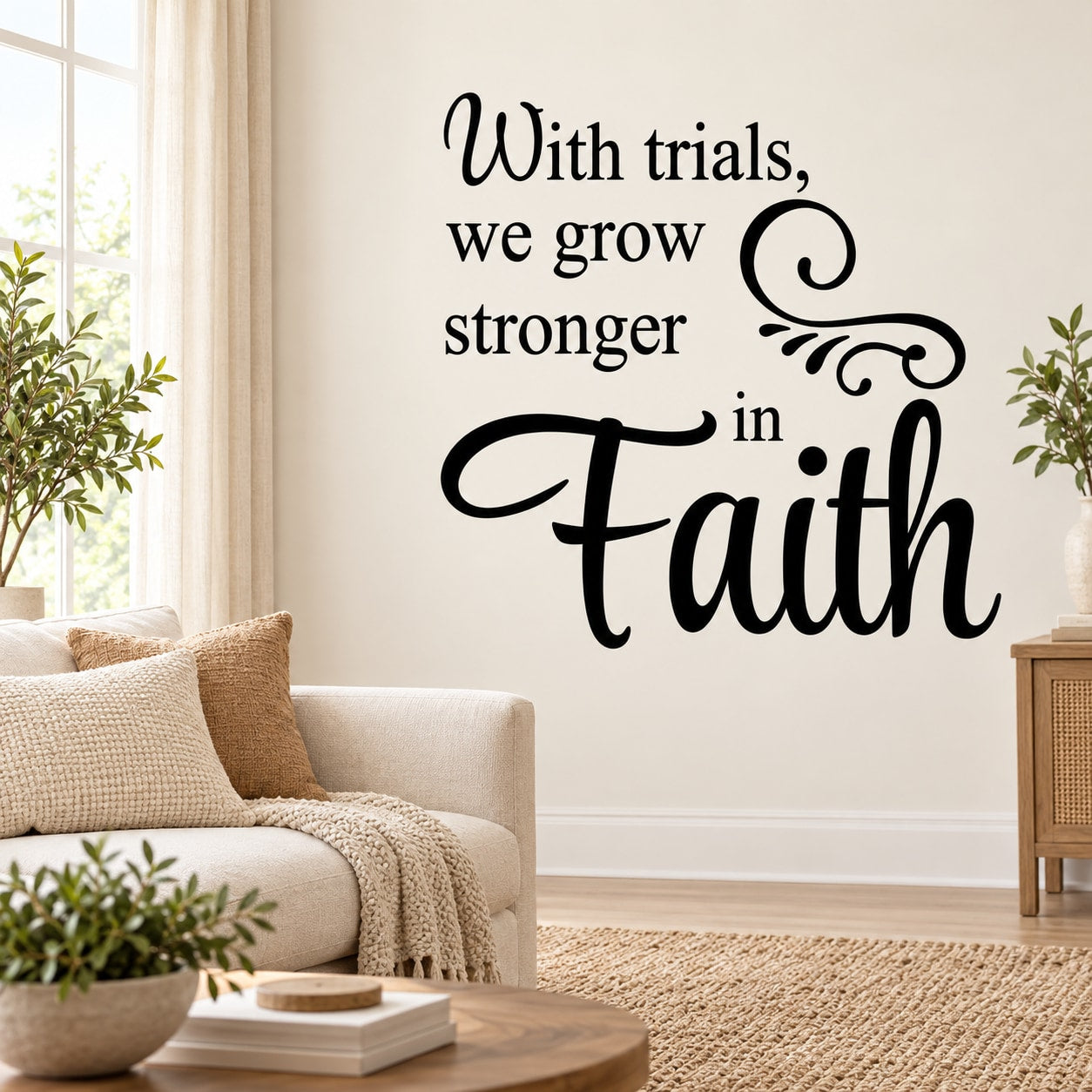 Faith quote wall decal: 'With trials, we grow stronger in faith' black script