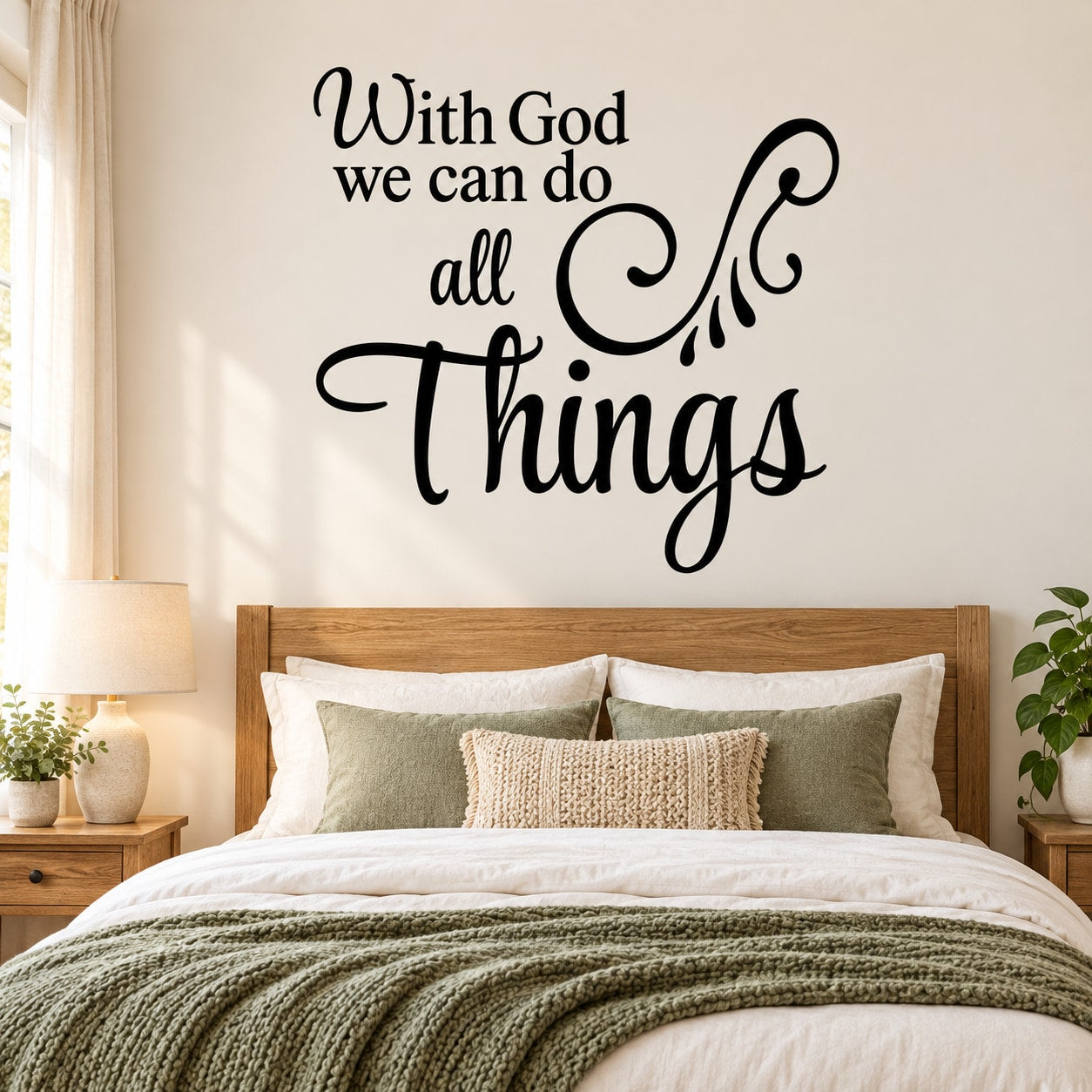 Scripture wall decal with cursive text: “With God we can do all things”