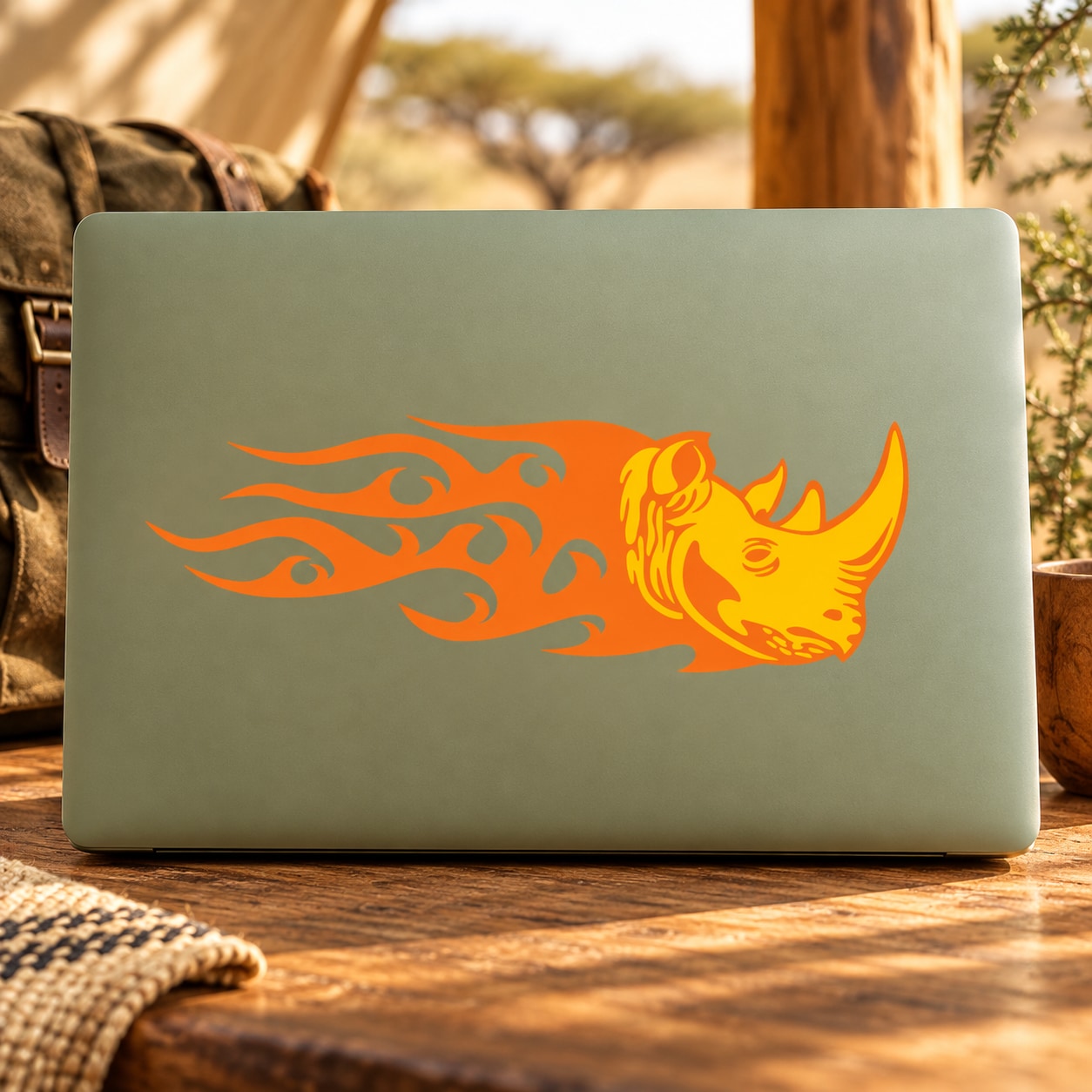 Orange rhino head sticker decal with flame-style tribal pattern