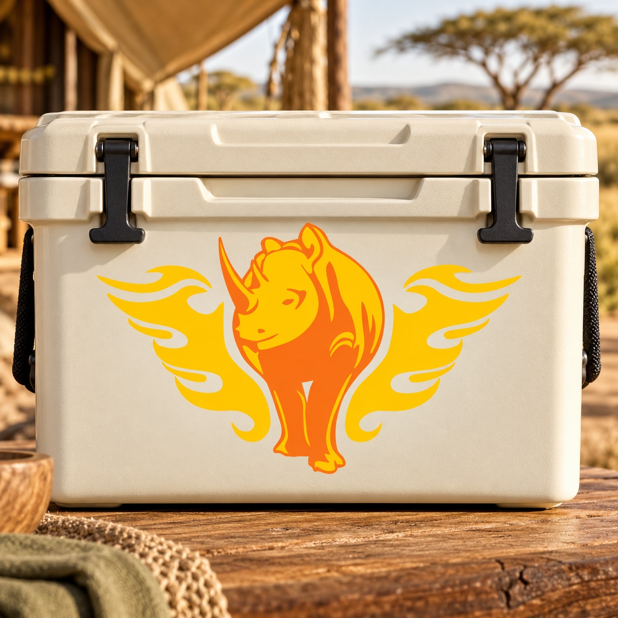 Orange fire-wing rhino sticker graphic on cooler