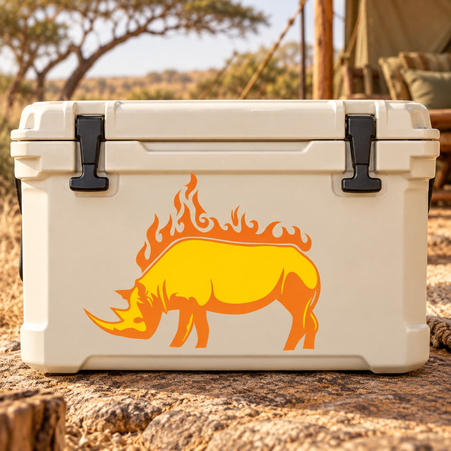 Flaming rhino sticker with orange fire graphic