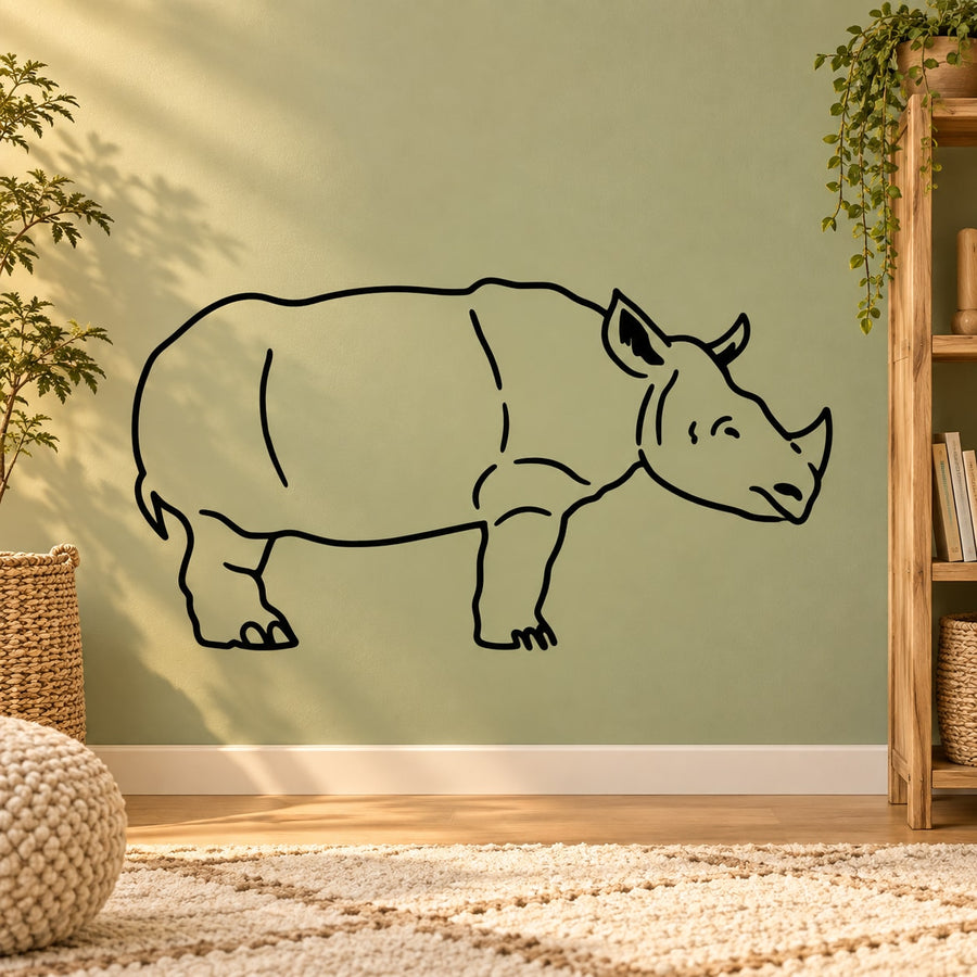 Rhino standing wall decal with black line art illustration
