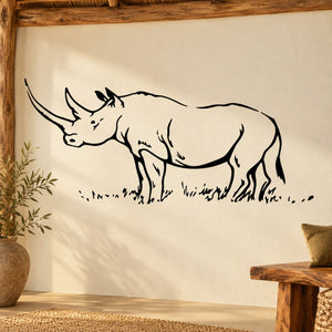 Black outline rhino wall decal with grass detail and long horn