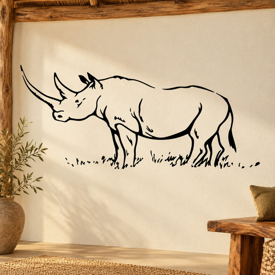 Black outline rhino wall decal with grass detail and long horn