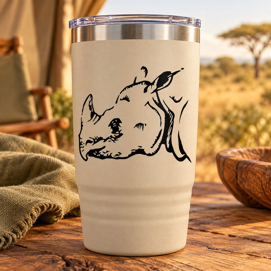 White tumbler with black horned rhino head decal