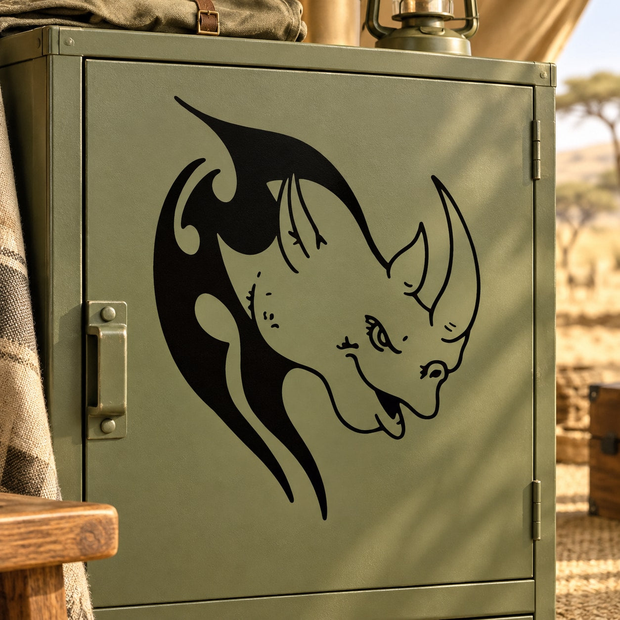 Tribal tattoo-style rhino decal, black tribal line art on light green surface