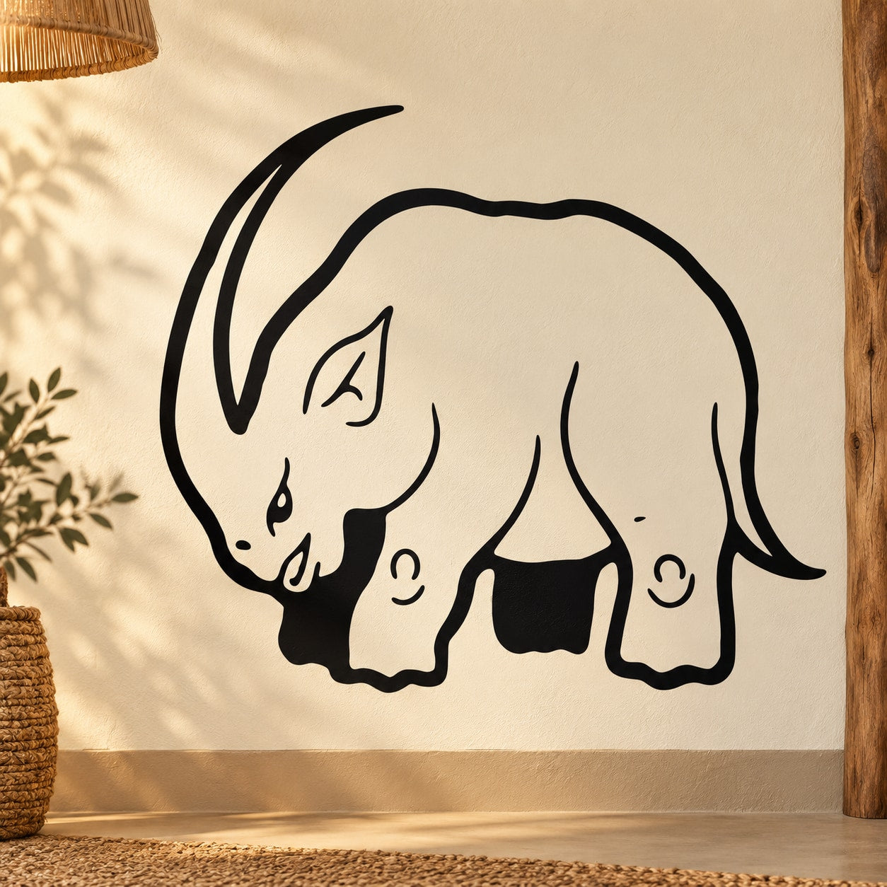 Long-horned rhino decal, black outline design with horn and lowered head