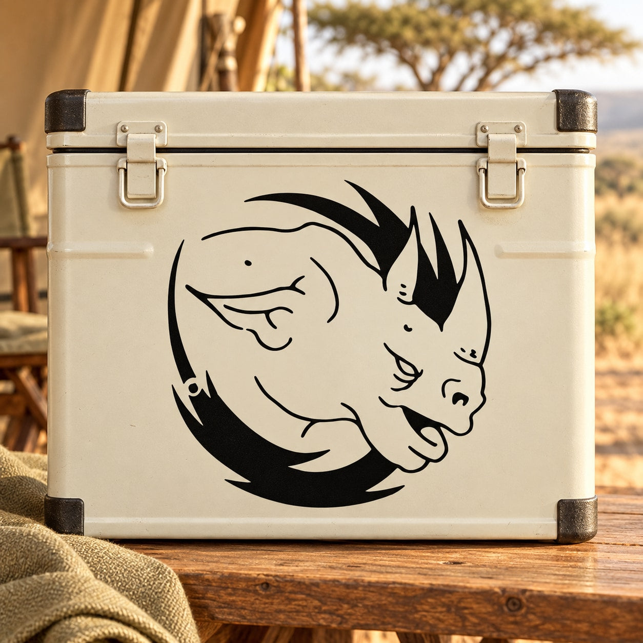 Charging rhino head decal with black illustration on cream surface