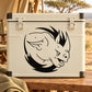 Charging rhino head decal with black illustration on cream surface