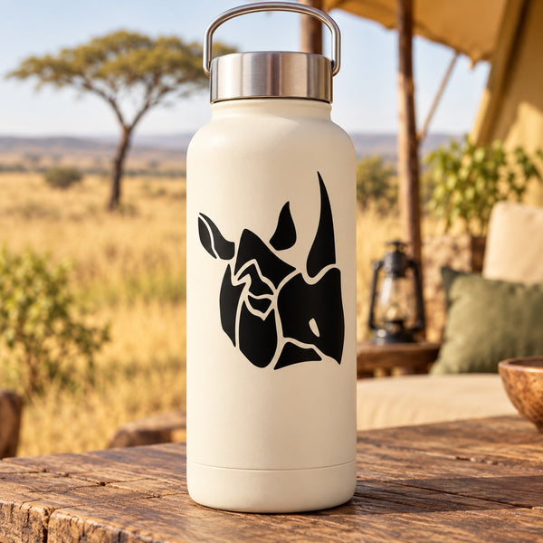 Cream water bottle with black rhino head decal on the front