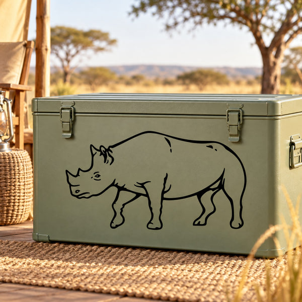 Black rhino line-art decal featuring a small cautious face and horn