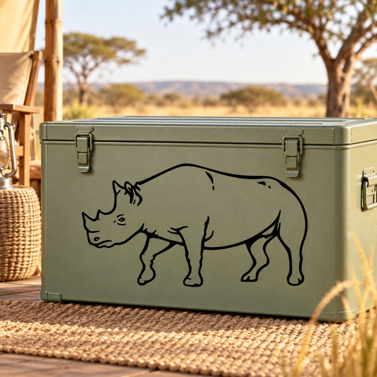 Black rhino line-art decal featuring a small cautious face and horn