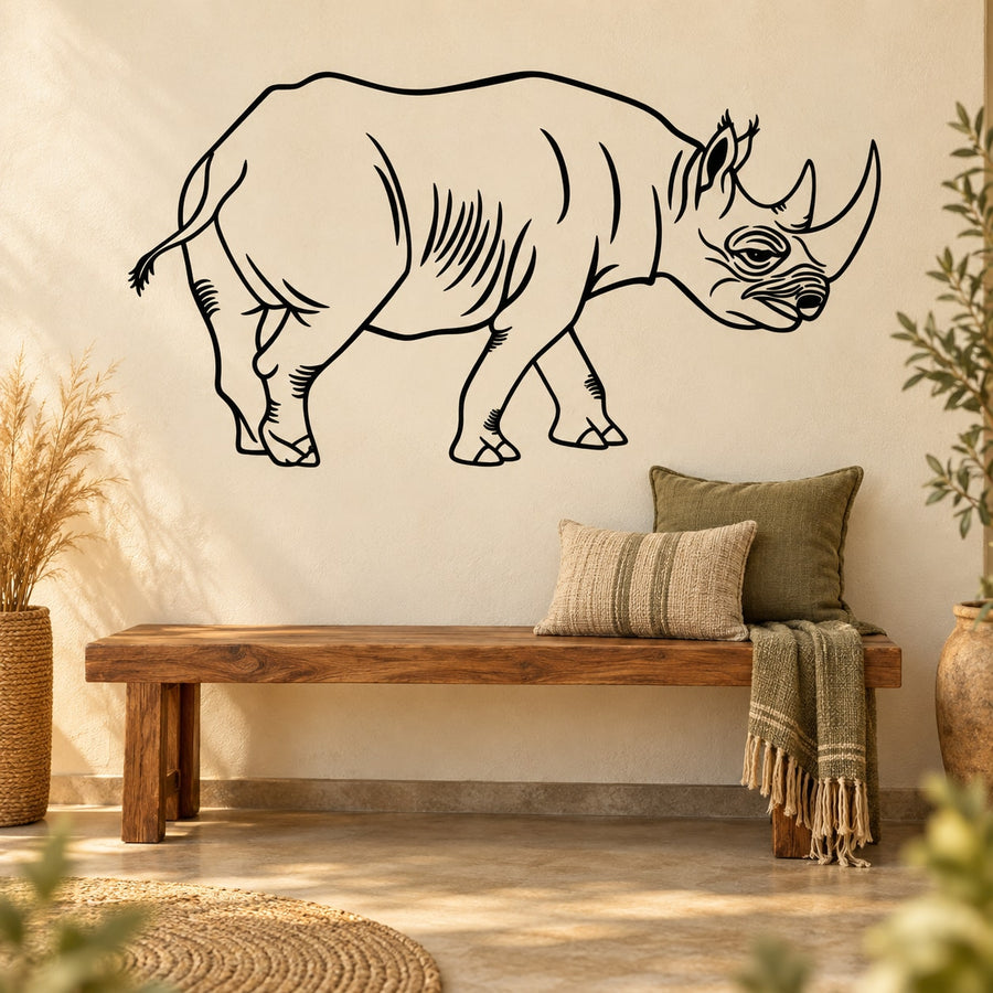 Strolling rhino wall decal in black line art, with a small rhino head detail