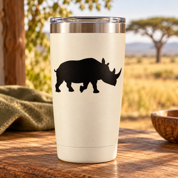 White tumbler with black strolling rhino decal