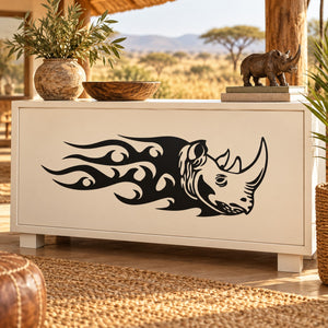Black rhino head and flame tribal decal on light wood cabinet