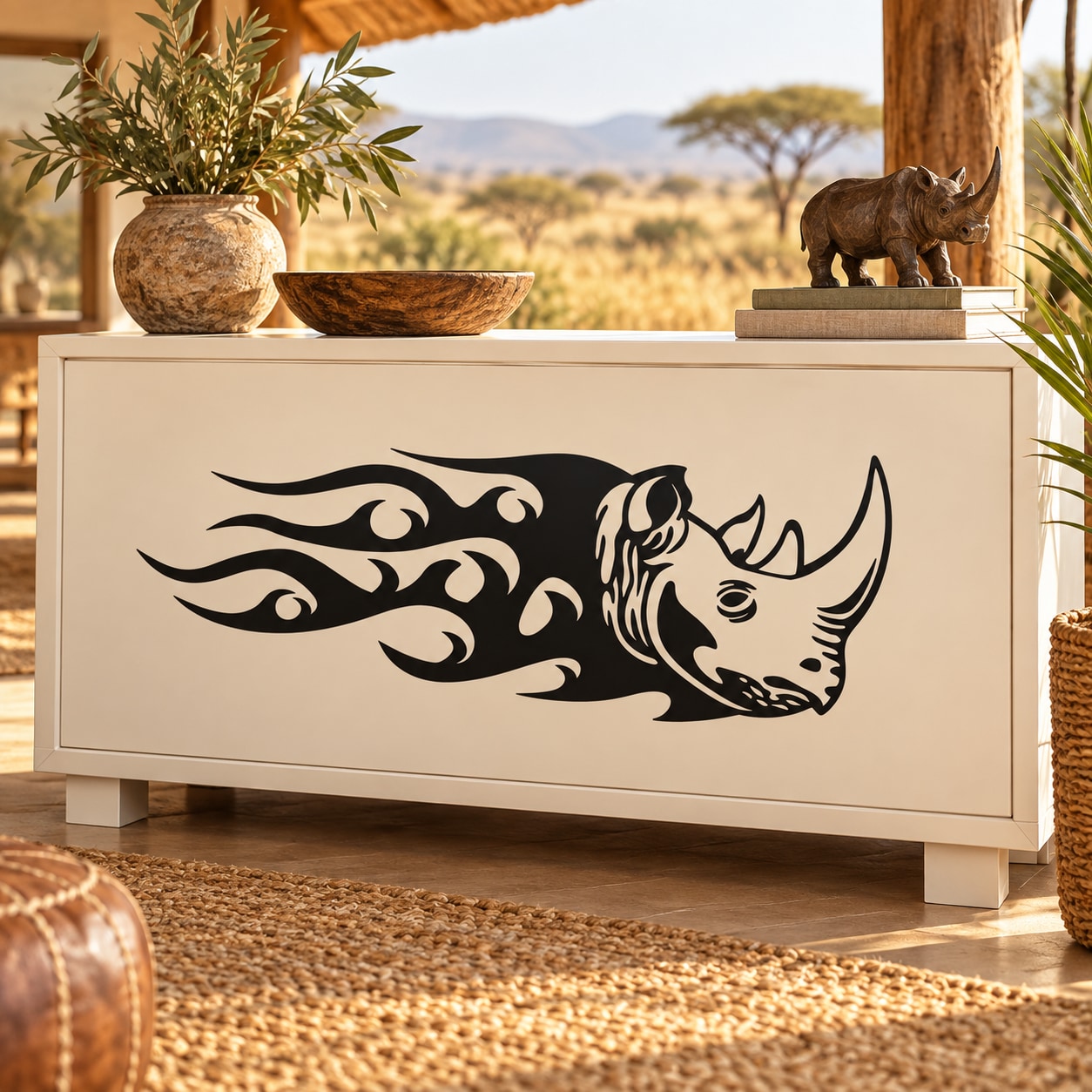 Black rhino head and flame tribal decal on light wood cabinet