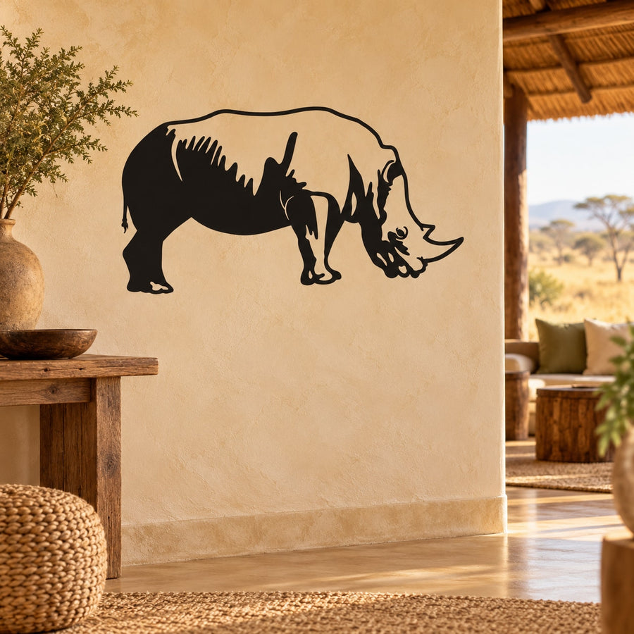 Rhino grazing wall decal with black rhino silhouette