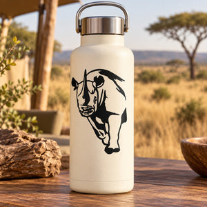 Black staring rhino decal on cream bottle