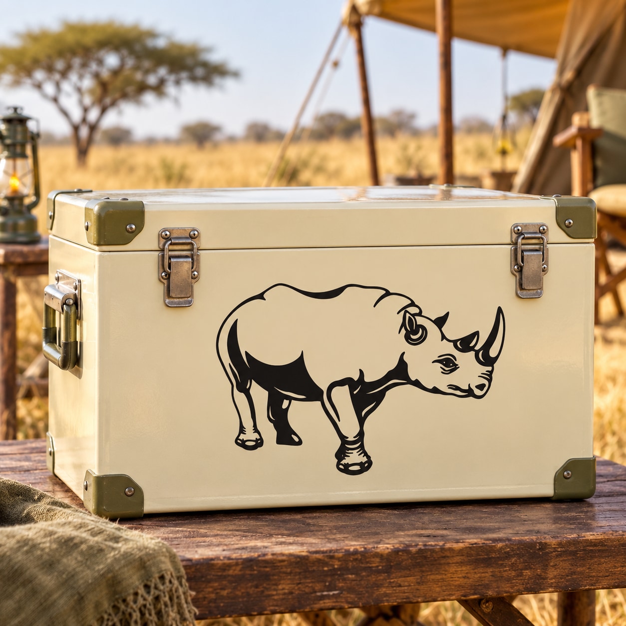 Standing rhino decal sticker with black outline on a light surface