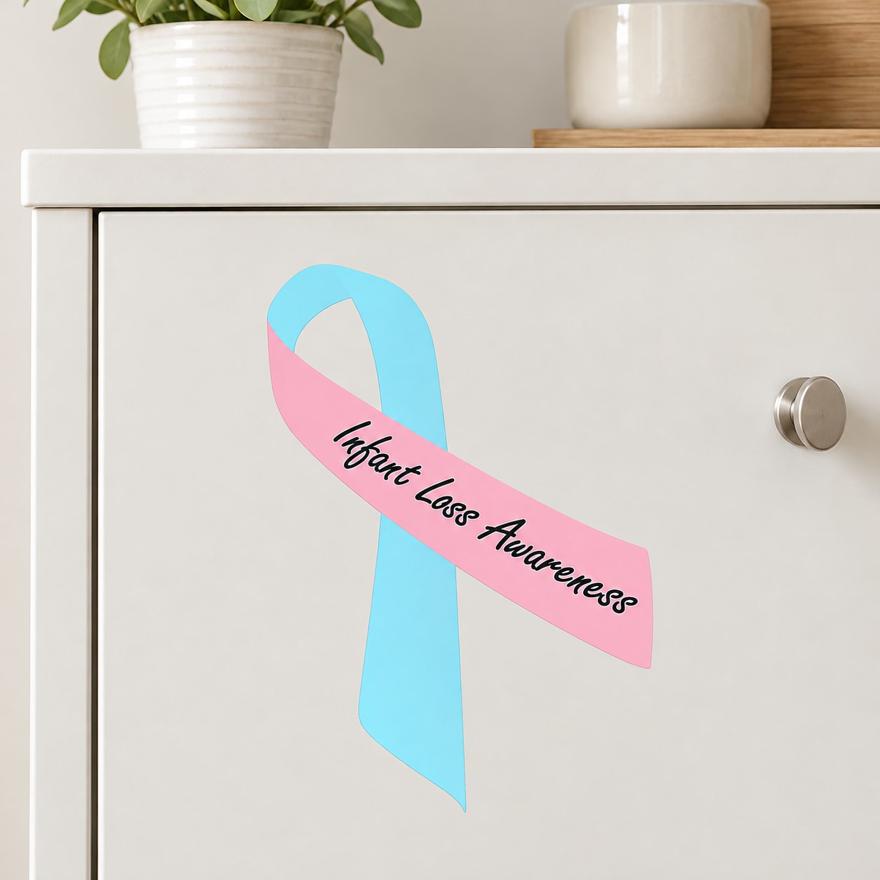 Awareness ribbon vinyl sticker with light blue ribbon, pink banner, and black script