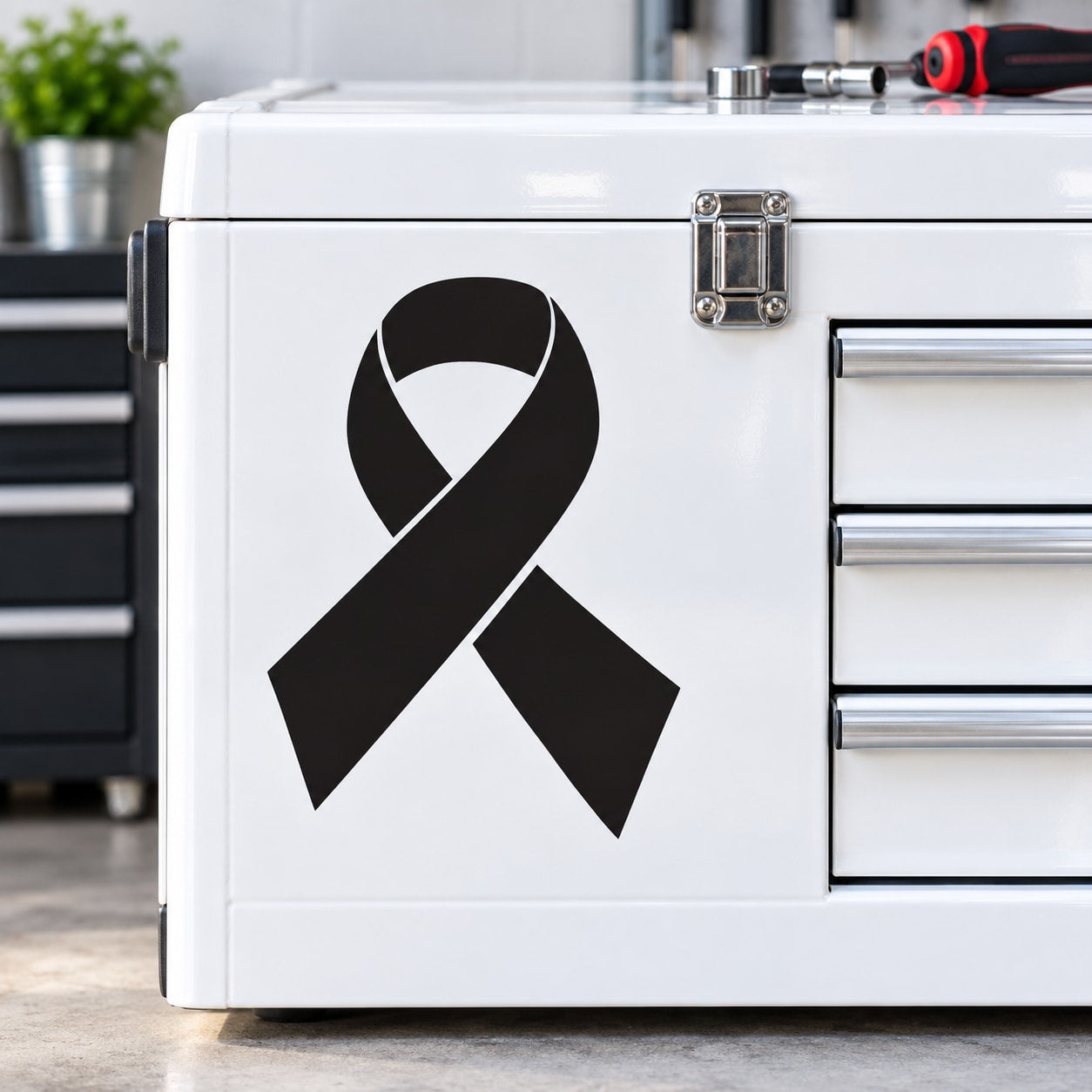 Regular ribbon awareness decal with black ribbon on white