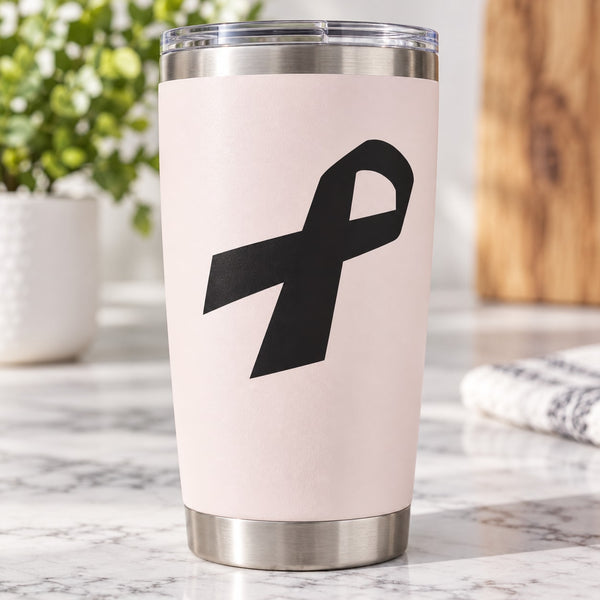 White tumbler with black angled ribbon decal