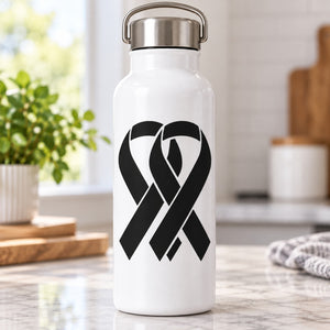Awareness ribbon decals with two black ribbon loops on a white bottle