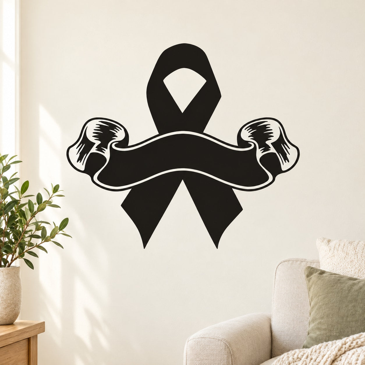 Black ribbon scroll decal with awareness ribbon and curled banner ends