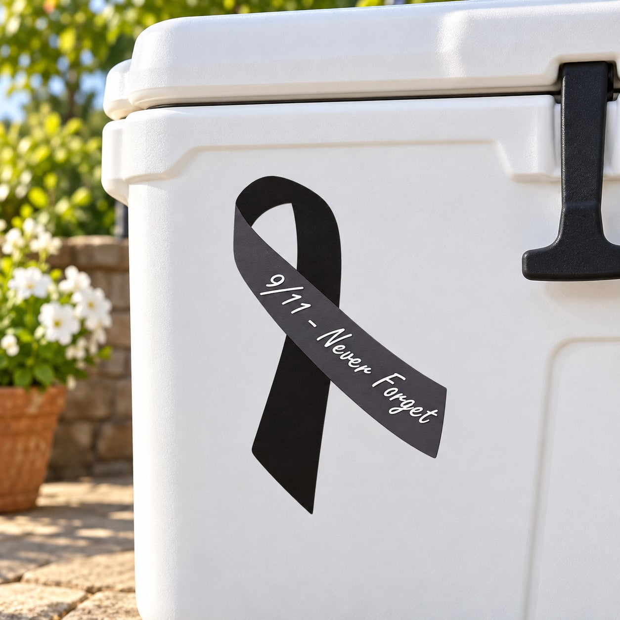 Vinyl sticker with black awareness ribbon and "911 Never Forget" text