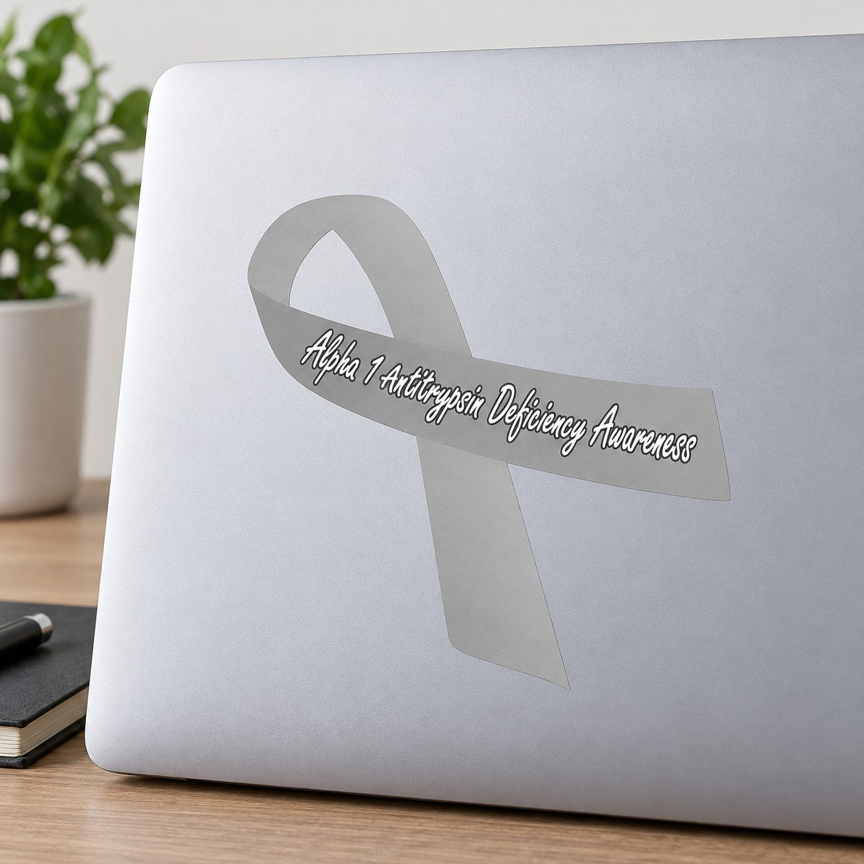 Awareness ribbon vinyl sticker with gray ribbon and script text