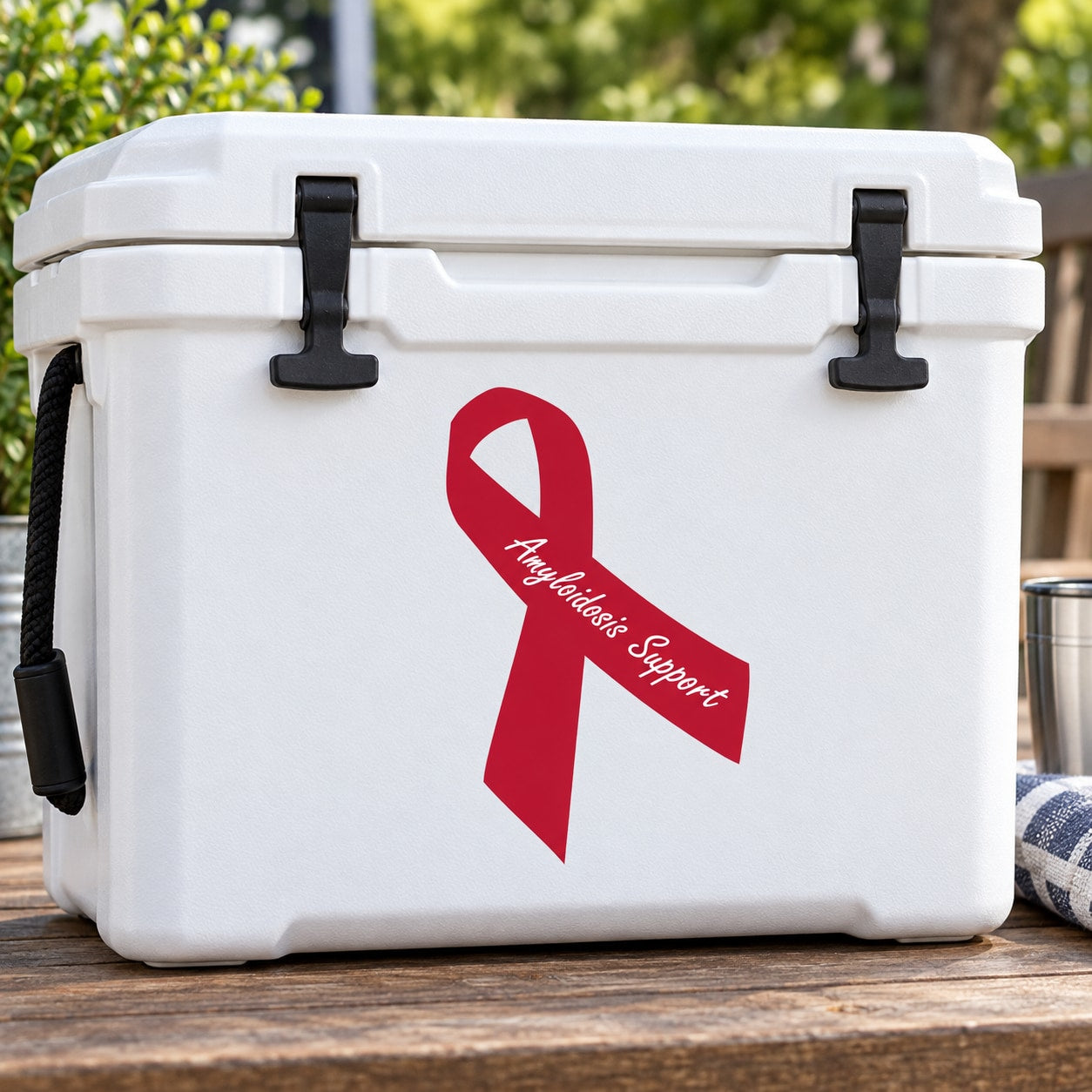 Red awareness ribbon vinyl sticker with white support text