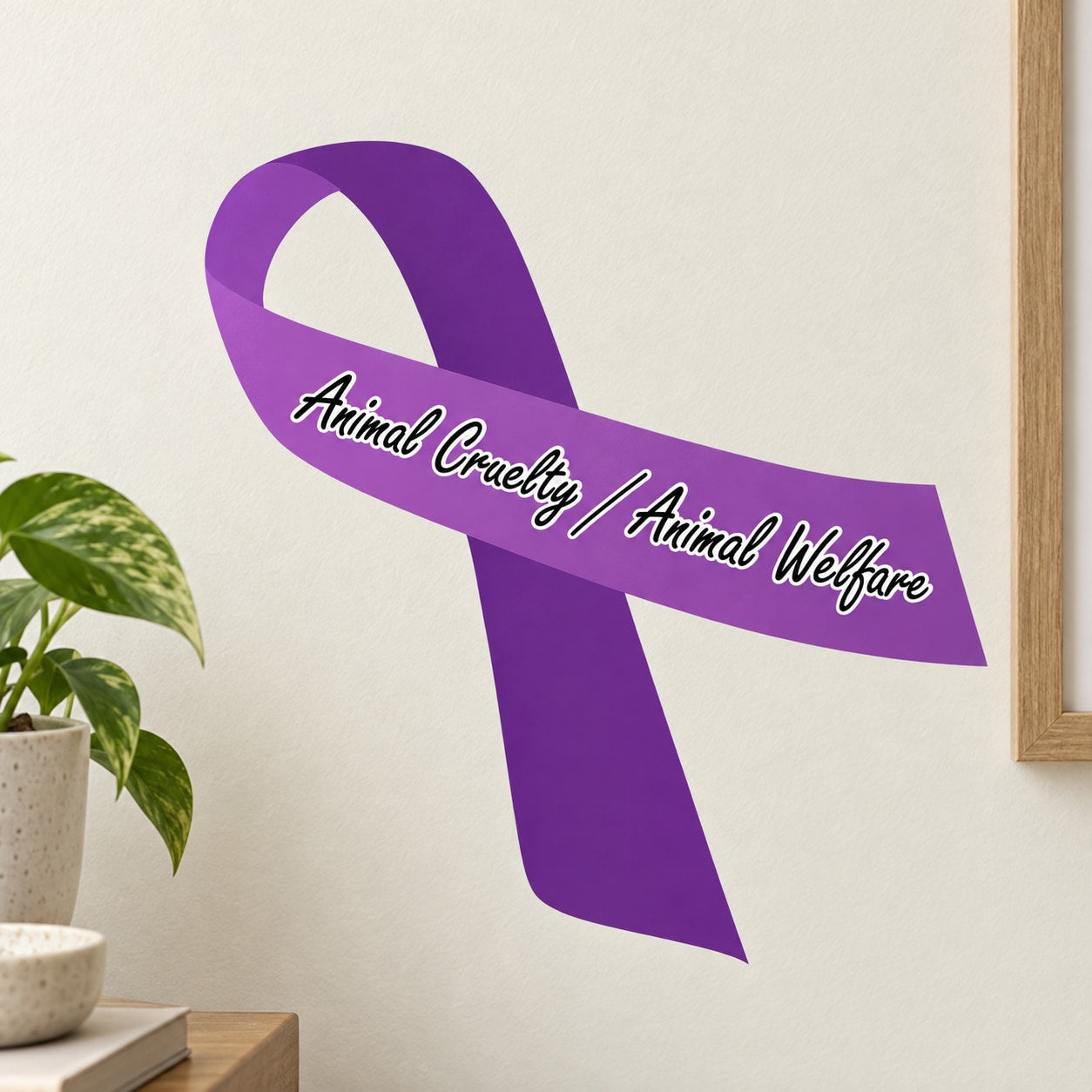 Purple vinyl awareness ribbon sticker with cursive Animal Cruelty Animal Welfare text