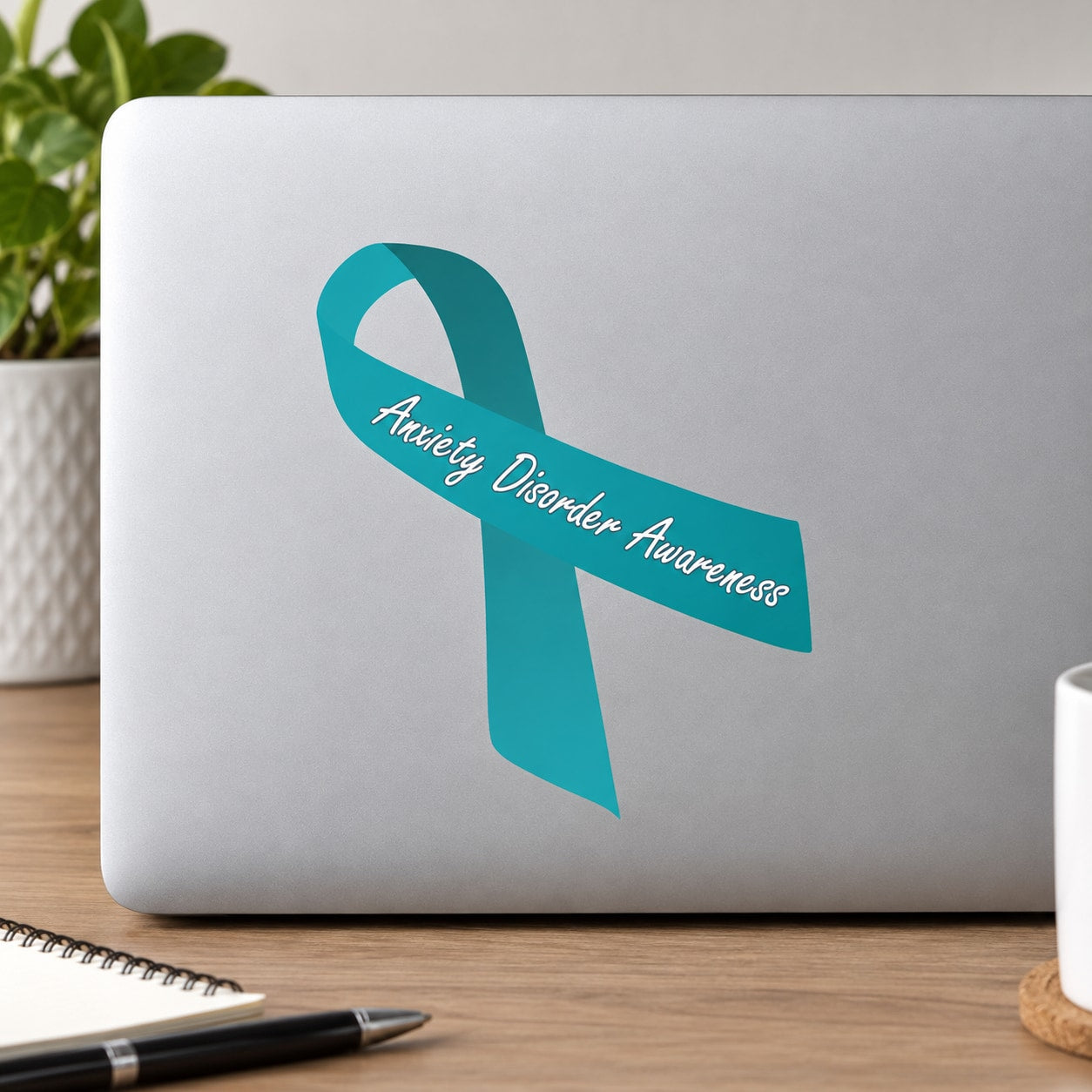 Teal awareness ribbon vinyl sticker with white "Anxiety Disorder Awareness" text