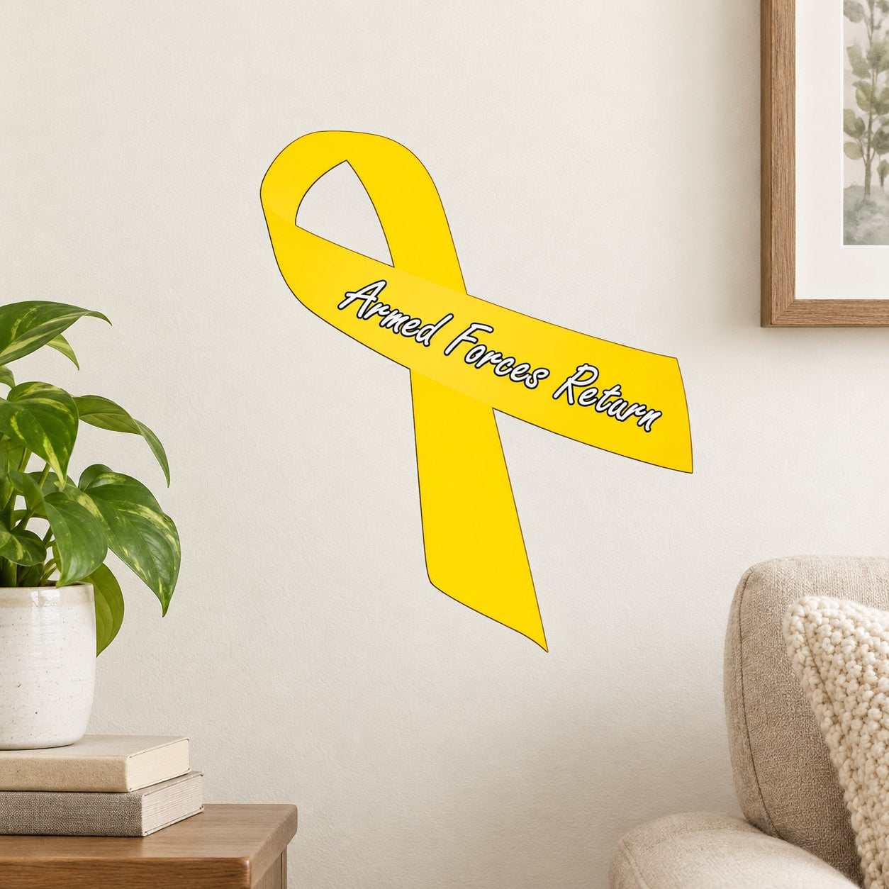 Yellow awareness ribbon vinyl sticker with 'Armed Forces Return' cursive text