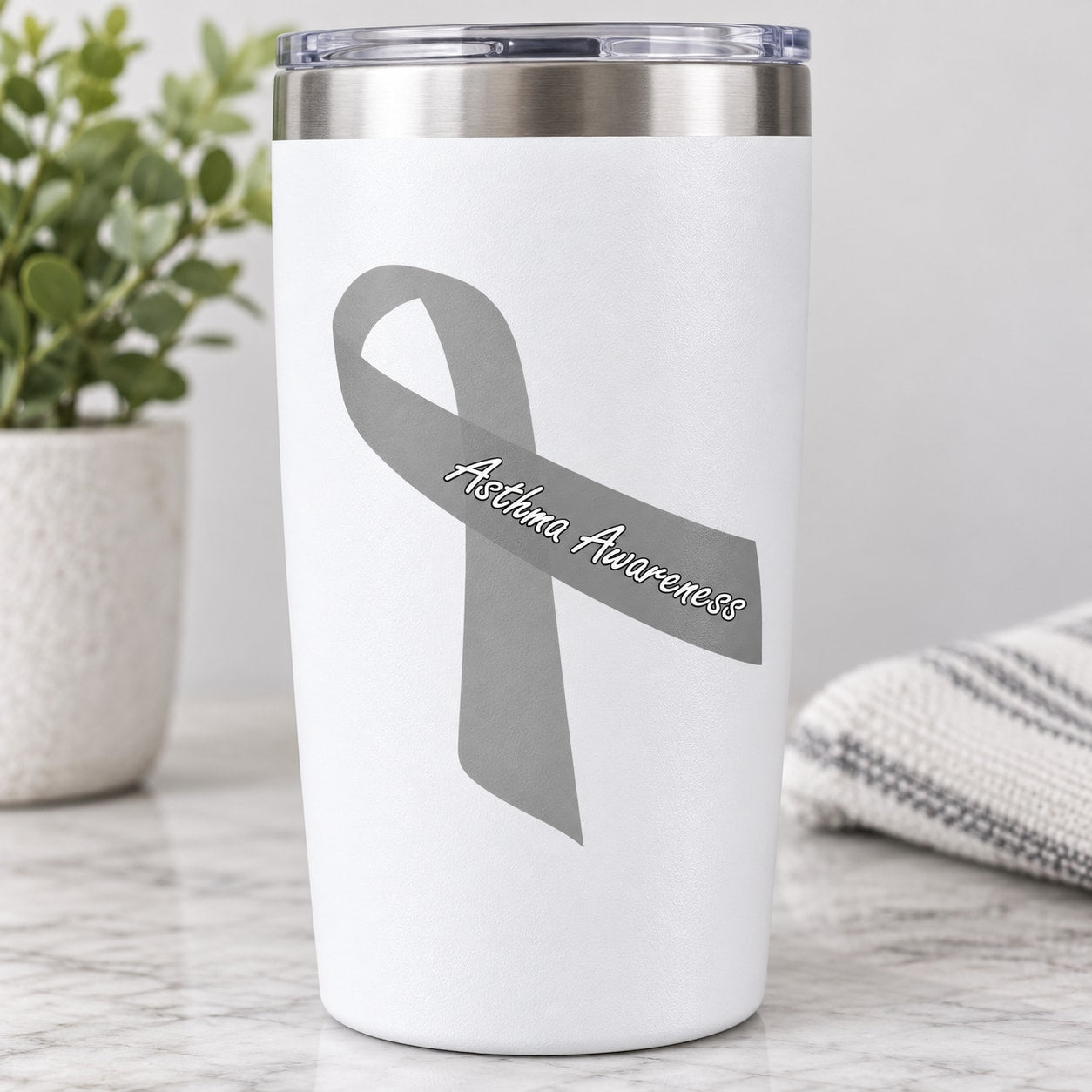 Asthma awareness ribbon vinyl decal, dark gray on white tumbler