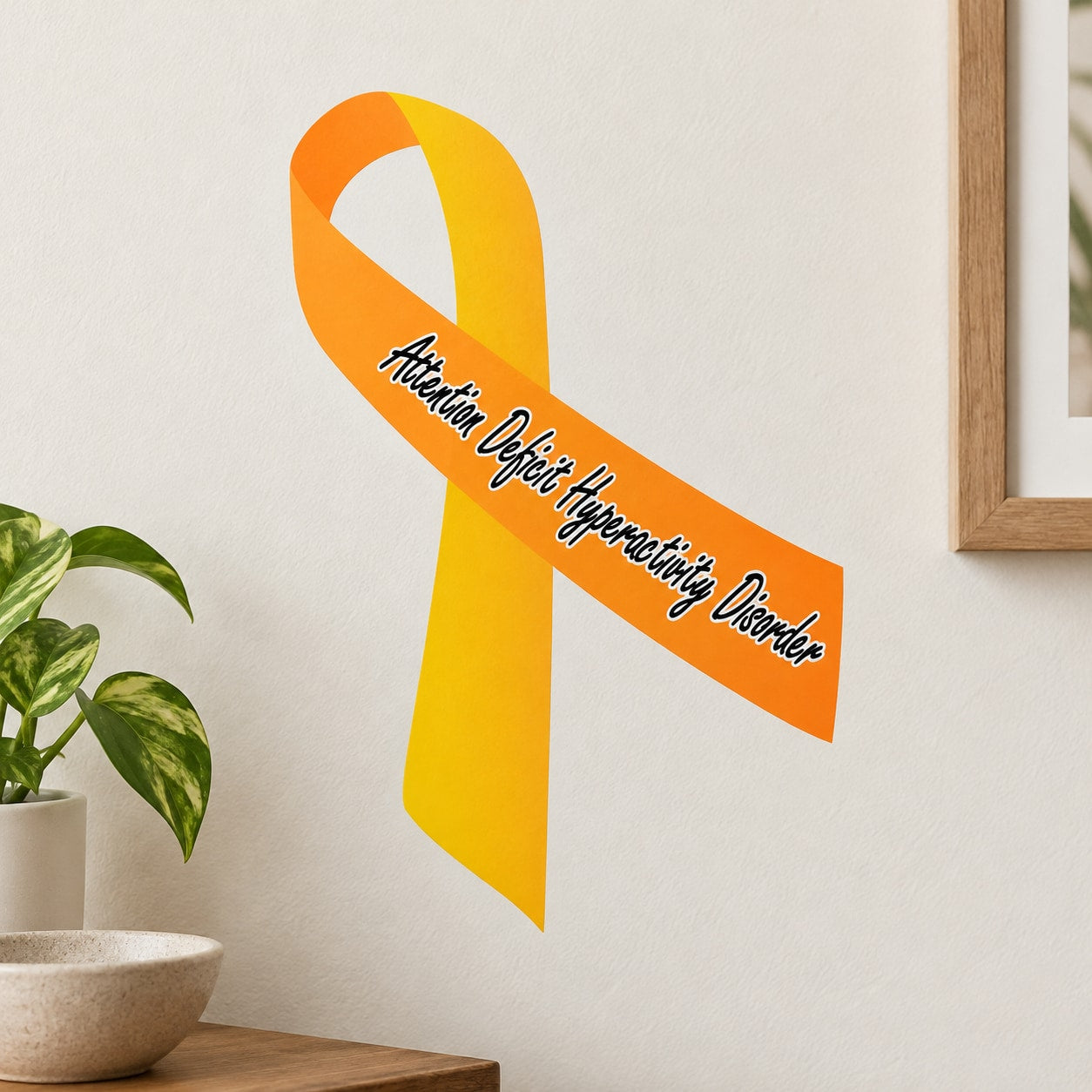 Awareness ribbon vinyl sticker in orange and yellow with cursive text