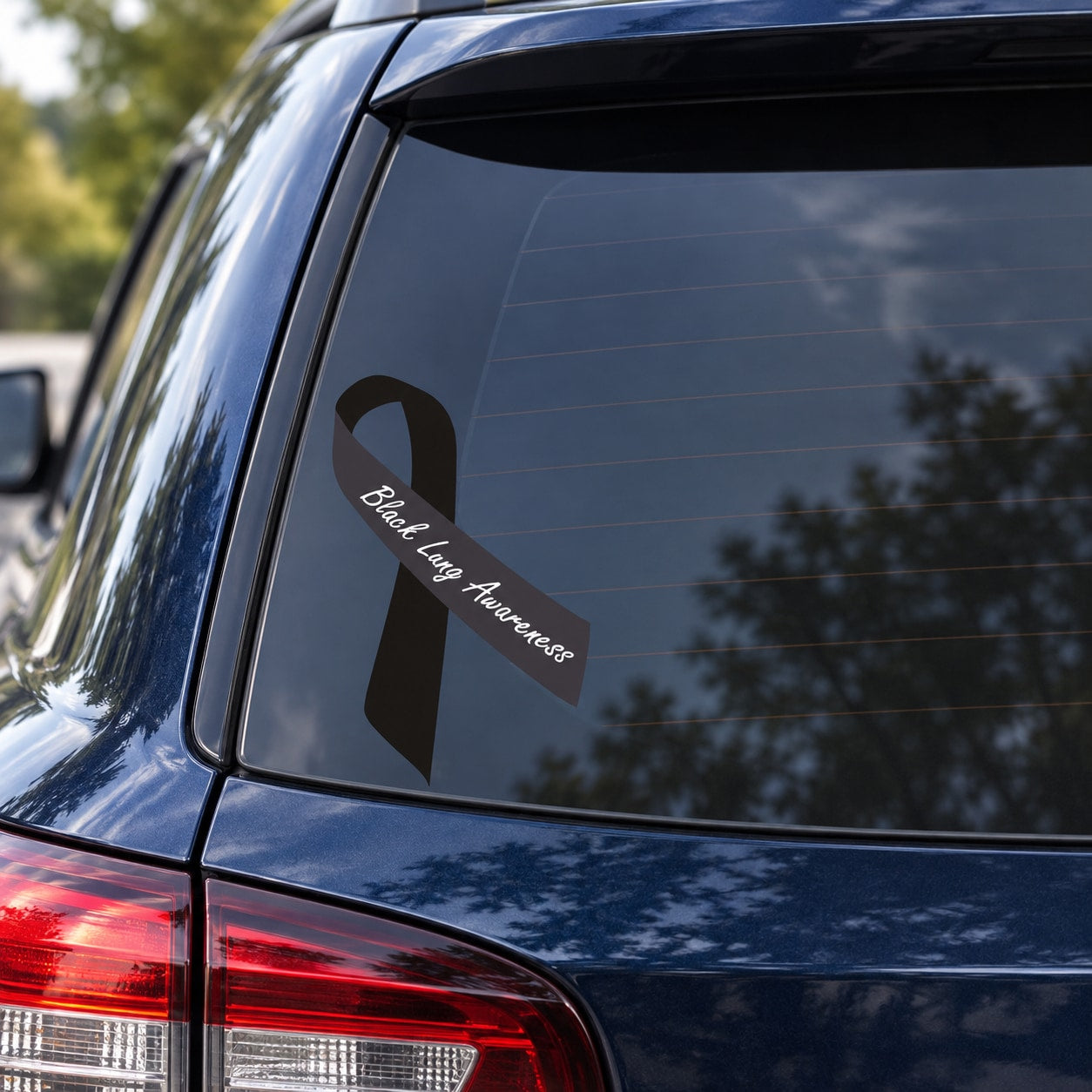 Black lung awareness ribbon vinyl sticker with black ribbon and arched text