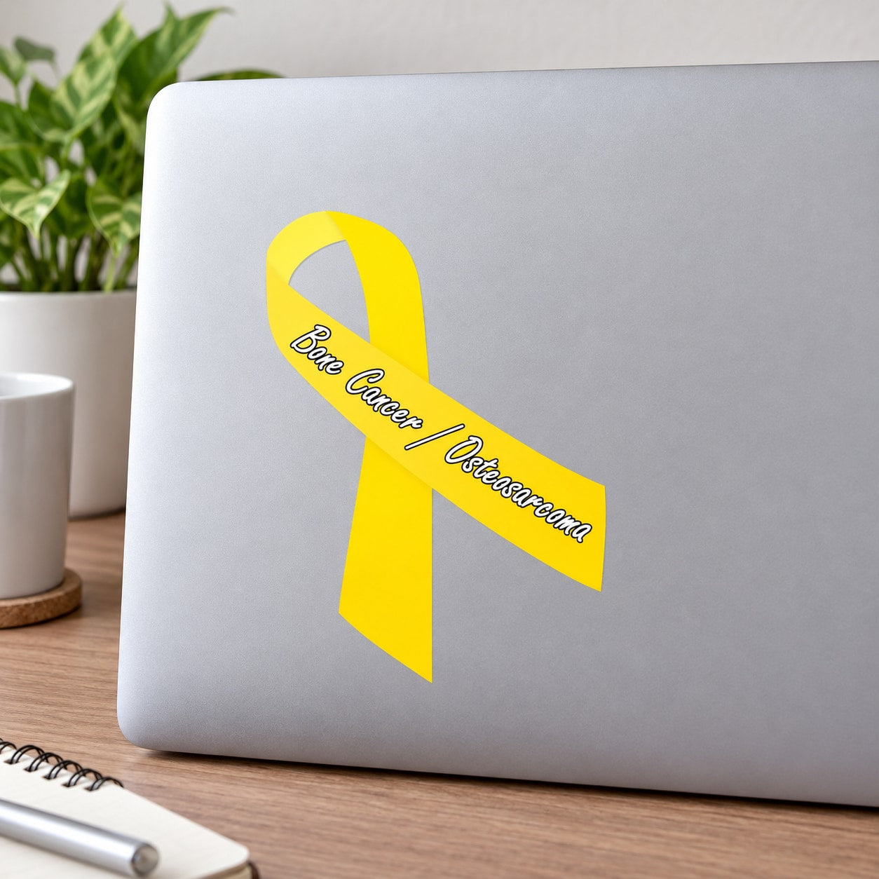 Bone cancer osteosarcoma vinyl sticker: yellow ribbon with text.