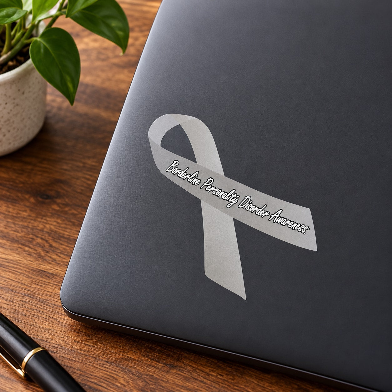 Awareness ribbon vinyl sticker with white ribbon and cursive text